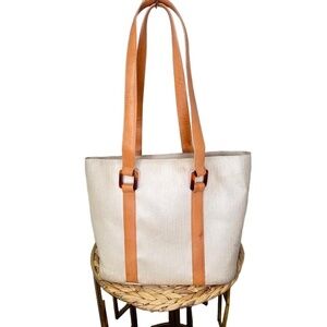 LL Bean bag Traveler Boat & Tote Natural Weatherproof Beige Leather Handle Boat
